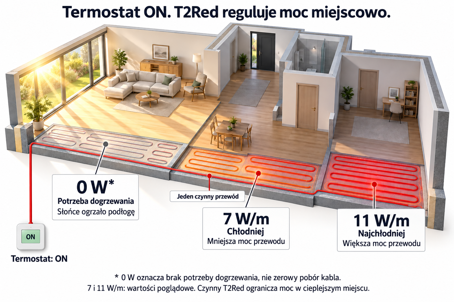 Termostat ON i jeden czynny przewód T2Red: słoneczny fragment podłogi nie potrzebuje dogrzewania, w chłodniejszych miejscach przykładowa moc 7 i 11 W na metr